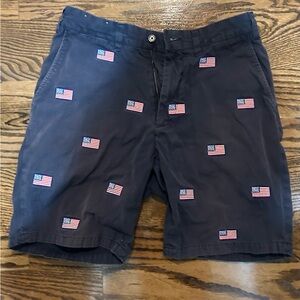 Mens navy cotton twill shorts with embroidered American flags. Size 32